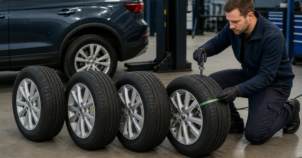 Mechanik mierzy bieżnik czterech kół samochodu z napędem na cztery koła