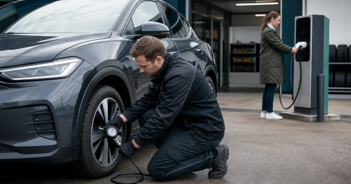 Technik kontroluje oponę samochodu elektrycznego przy stanowisku ładowania