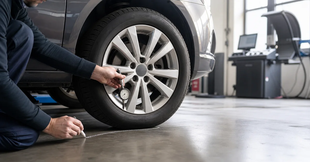 Technik ogląda miejsce styku opony samochodu, który długo stał w garażu