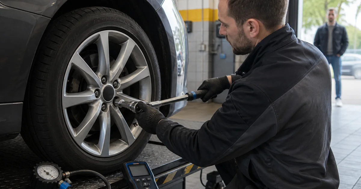 Mechanik kontroluje nowe koło i mocowania przed spokojną jazdą próbną