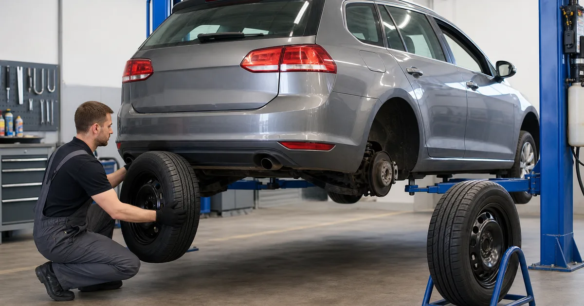 Mechanik montuje parę nowych kół na tylnej osi samochodu