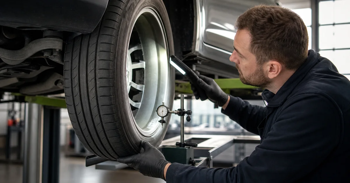 Technik sprawdza wewnętrzną stronę koła po mocnym uderzeniu samochodu w dziurę