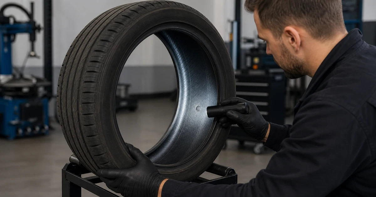 Technik ogląda od środka przebicie opony zdjętej z felgi