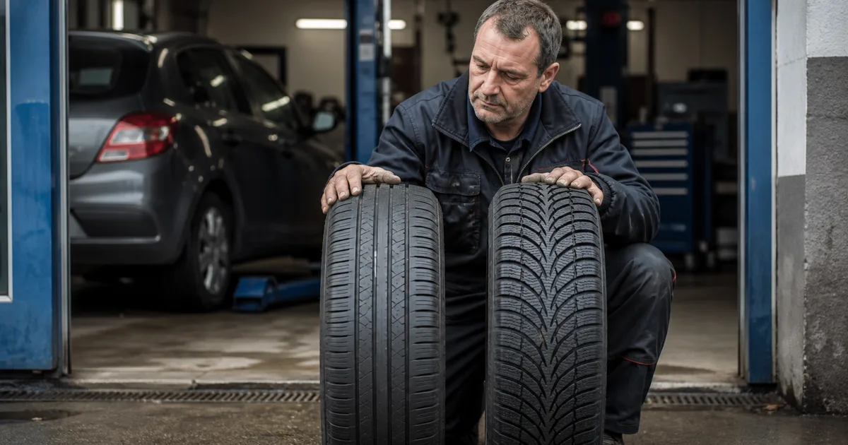 Mechanik porównuje bieżnik opony letniej i zimowej przed zmianą sezonową