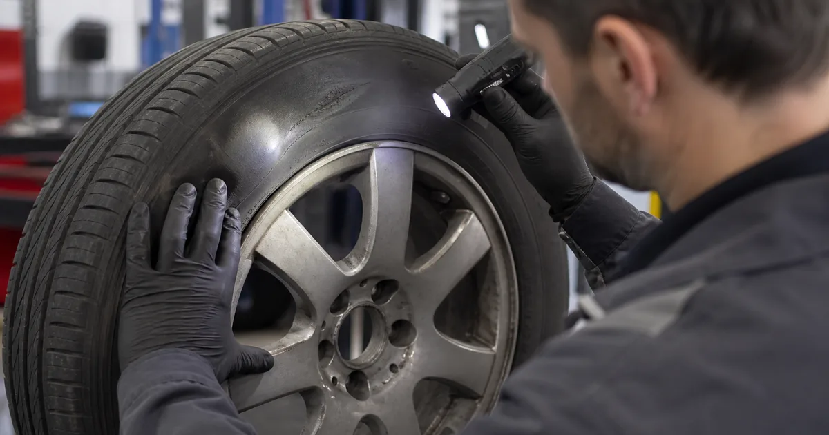 Technik oświetla i dokładnie ogląda uszkodzenie boku opony na feldze