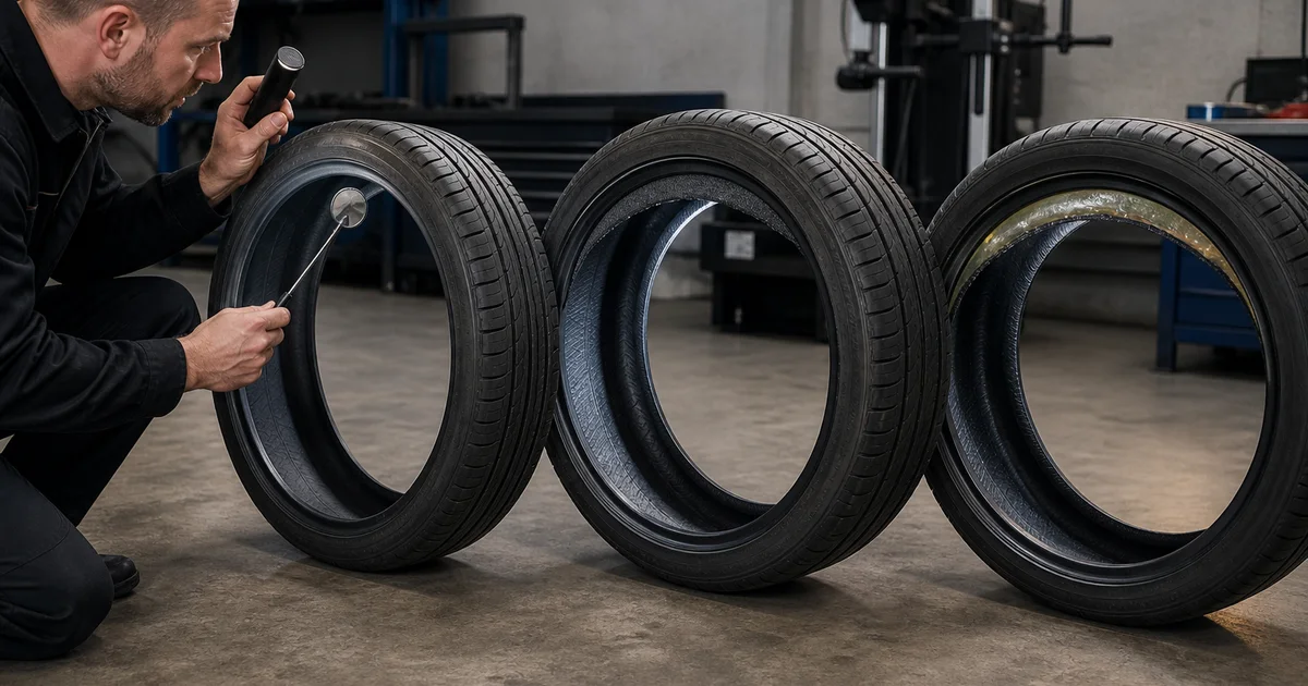 Technik porównuje przekroje opony Run Flat, samouszczelniającej i akustycznej