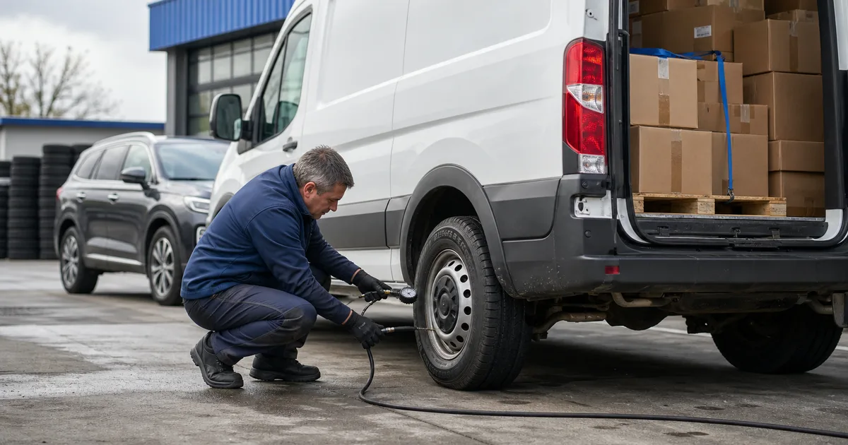 Technik sprawdza tylne koło załadowanego samochodu dostawczego