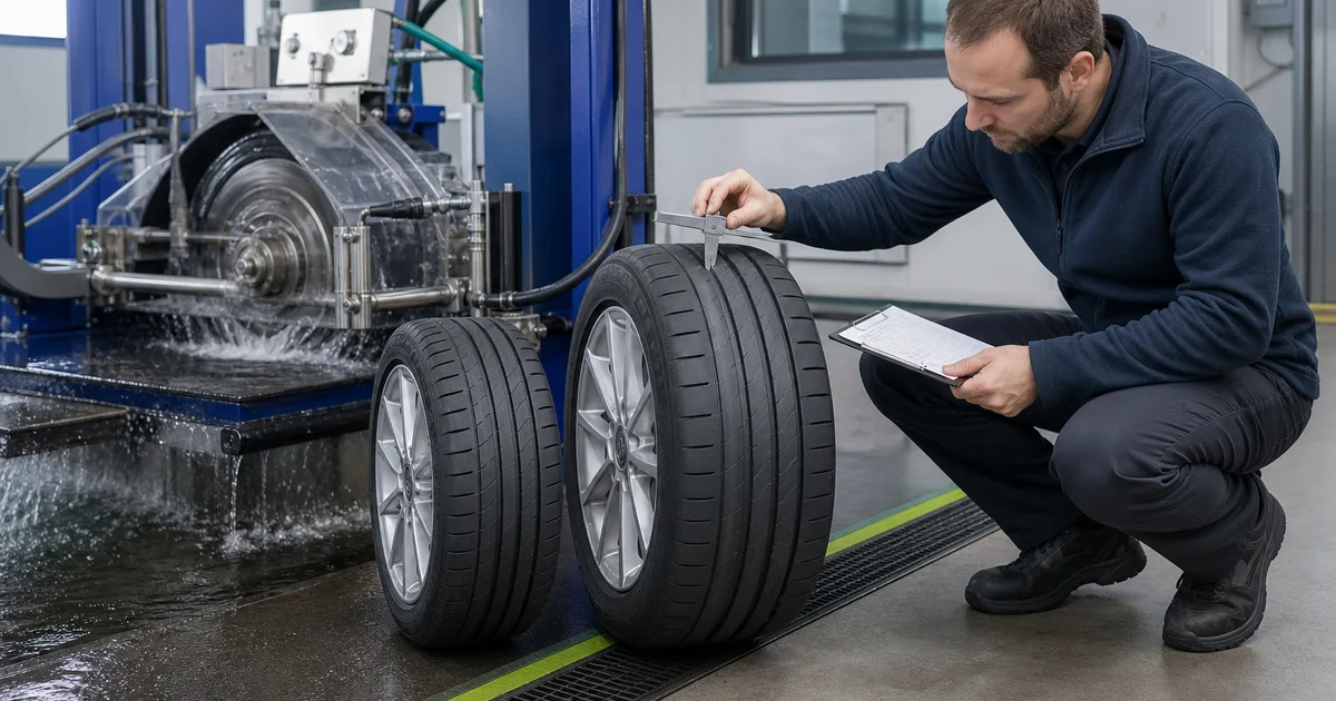 Technik zestawia wyniki badań dwóch różnych rozmiarów opon na torze testowym