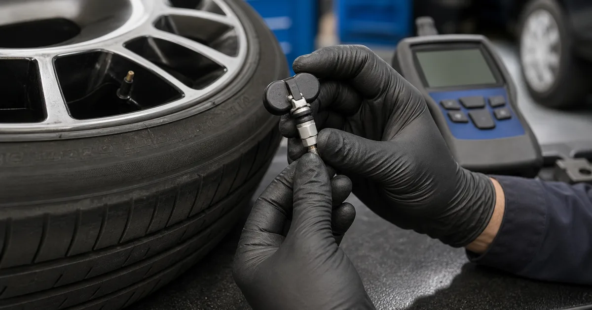 Czujnik TPMS trzymany przez technika obok zdemontowanego koła