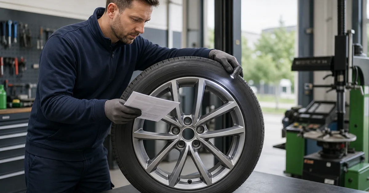 Technik oświetla bok opony i porównuje jej oznaczenia z dokumentacją pojazdu