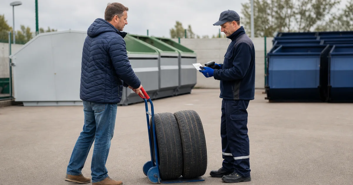 Pracownik punktu zbiórki przyjmuje zużyte opony od kierowcy