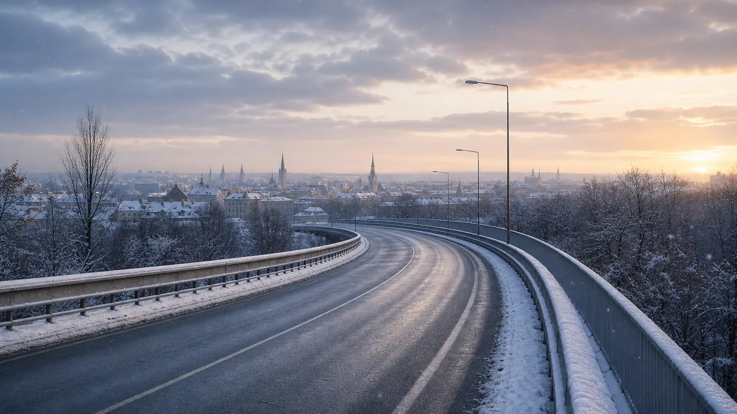 Pusta odśnieżona estakada nad europejskim miastem podczas lekkiego zimowego opadu - Apollo Aspire XP Winter na śnieżny start i mokry powrót