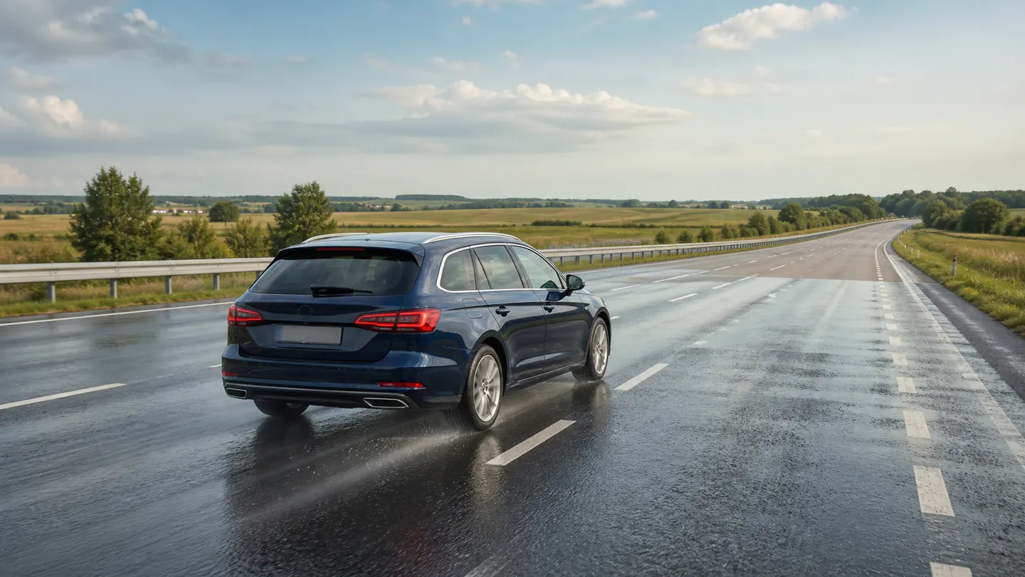 Granatowe kombi na mokrej autostradzie przechodzącej w suchą letnią trasę - BFGoodrich Advantage 2 na deszcz i regularne dojazdy