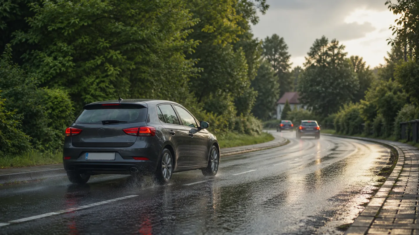 Grafitowy hatchback zwalniający na mokrym łuku po letnim deszczu - BFGoodrich Advantage, gdy letni deszcz zaskakuje w trasie