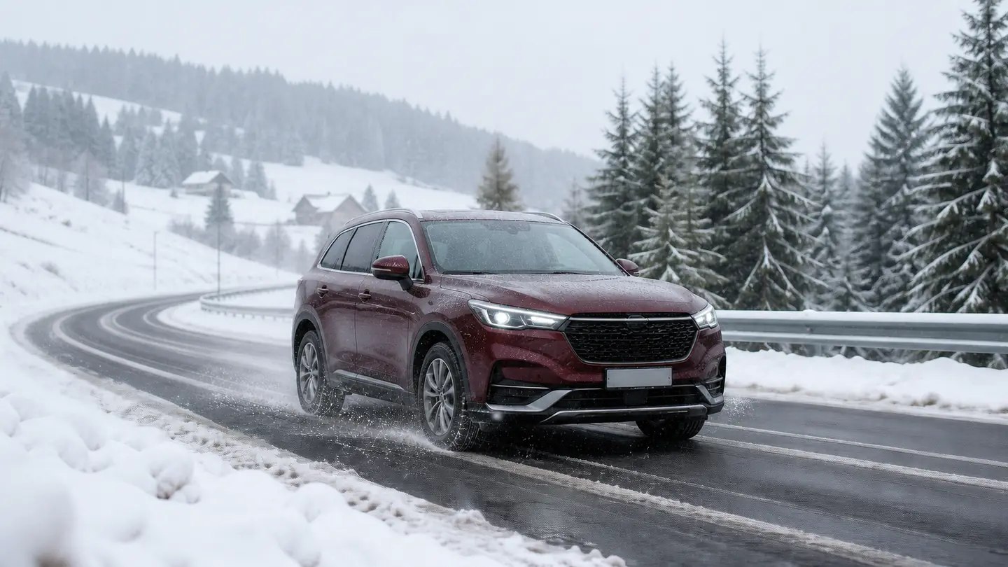 SUV na mokrej i zaśnieżonej górskiej drodze - Bridgestone Blizzak 6 na śniegu i mokrej drodze