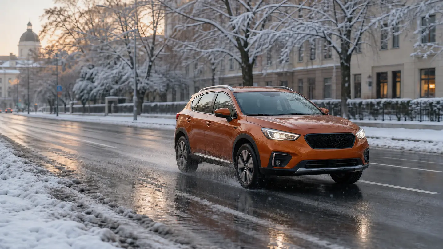 Pomarańczowy crossover na mokrej, częściowo odśnieżonej ulicy zimowego miasta - Bridgestone Blizzak LM005 na mokry śnieg i miejskie błoto