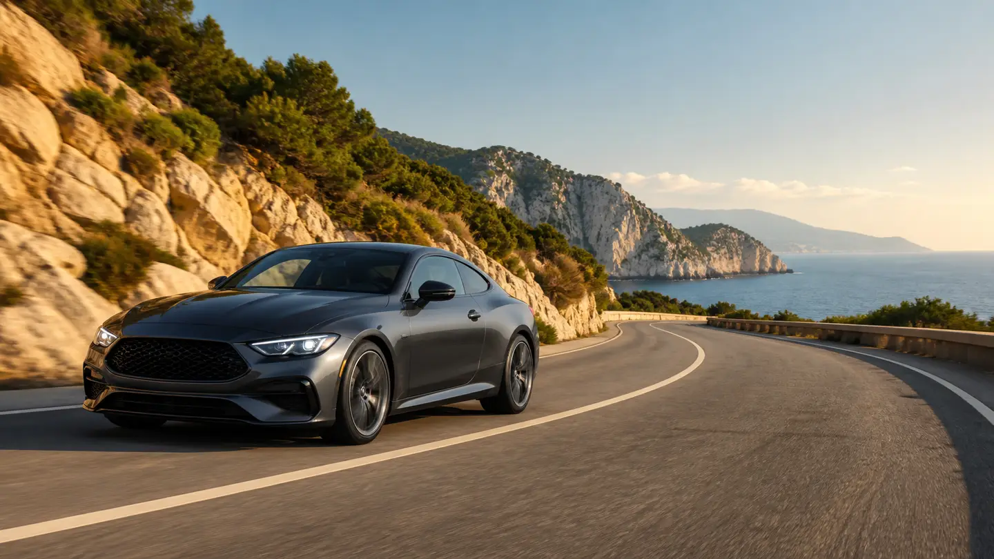 Grafitowe sportowe coupé na suchej krętej drodze nad skalistym wybrzeżem - Bridgestone Potenza Sport na precyzyjną letnią jazdę