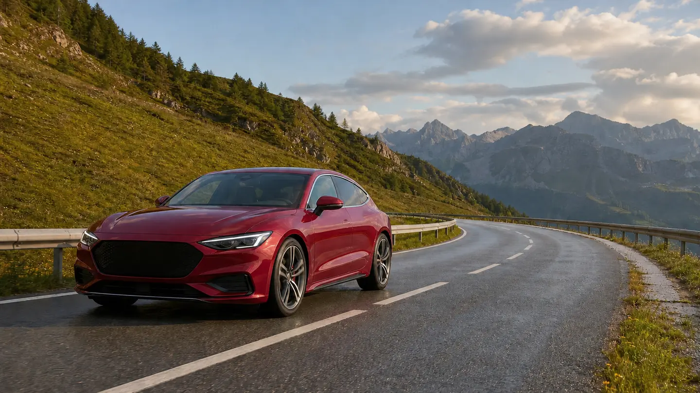 Sportowy fastback na szerokiej górskiej drodze latem - Bridgestone Potenza Sport Evo na dynamiczną letnią trasę