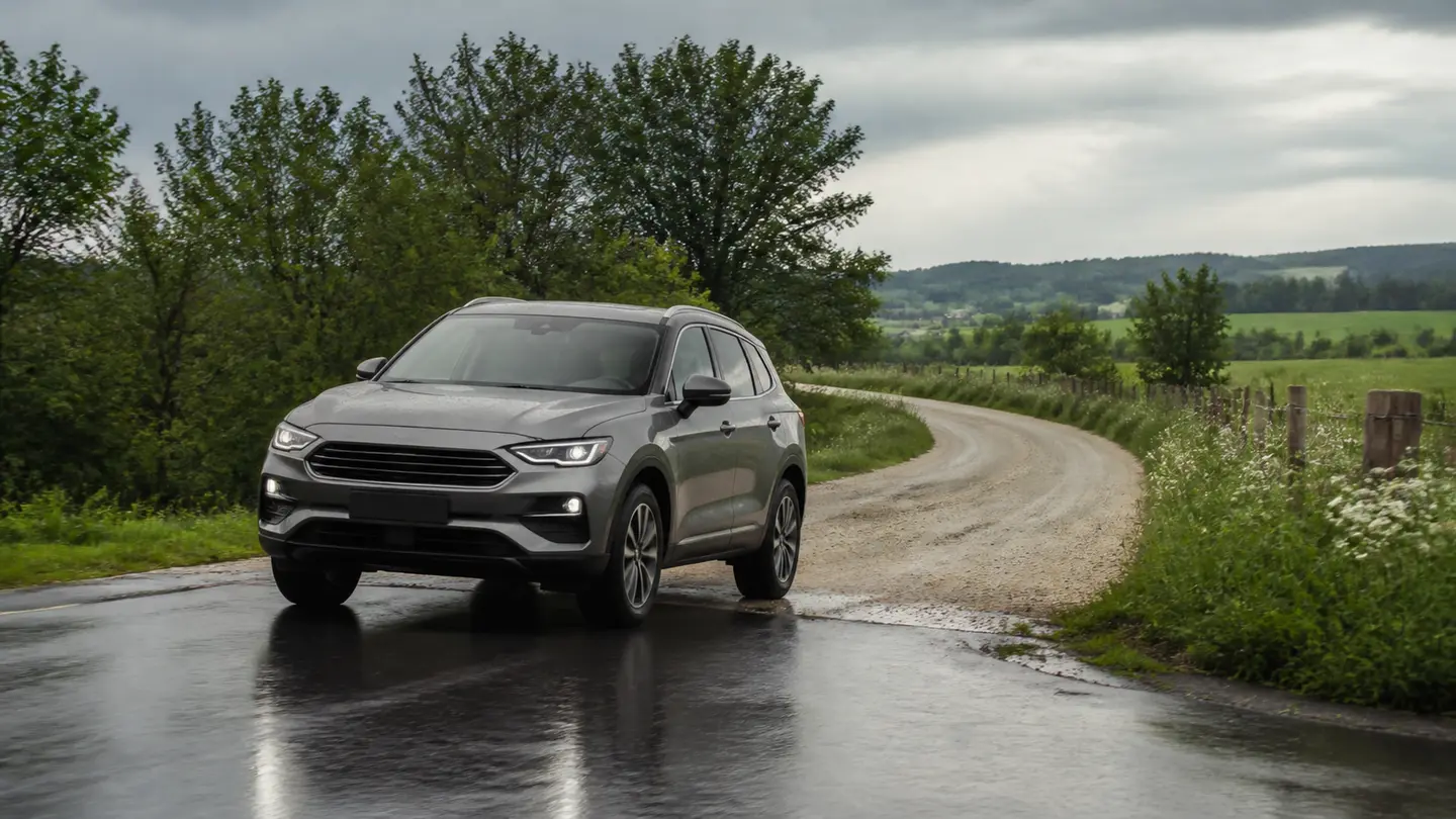 Grafitowy SUV zjeżdżający z mokrego asfaltu na utrzymaną wiejską drogę szutrową - Continental 4x4Contact na mokrej drodze i lekkim szutrze