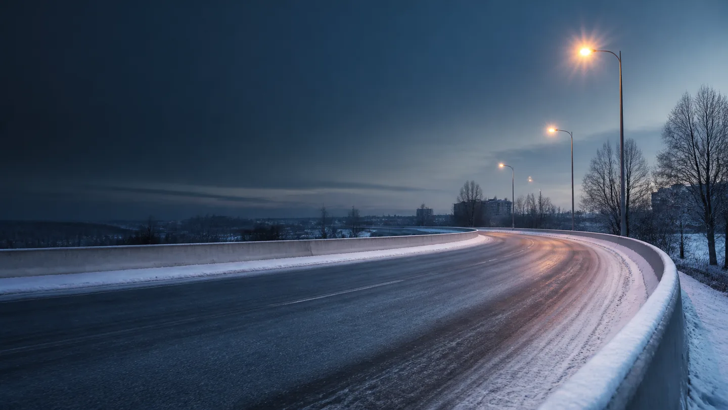 Continental ContiWinterContact TS 830 P na odśnieżonej miejskiej obwodnicy o zimowym świcie - Continental ContiWinterContact TS 830 P na śnieg i oblodzoną drogę