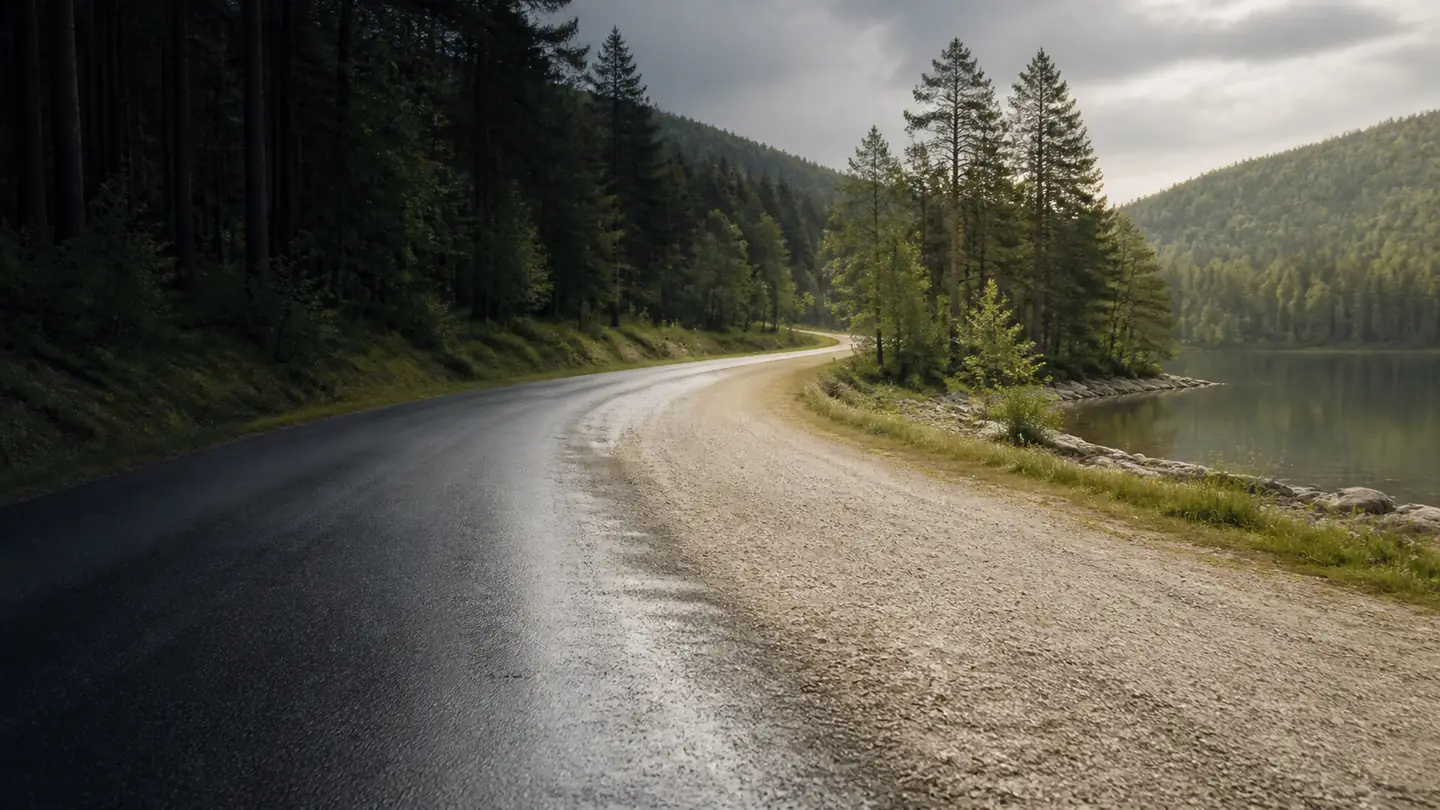 Pusta droga przechodząca z asfaltu w jasny szuter nad leśnym jeziorem - Continental CrossContact H/T na rodzinny wyjazd poza równą drogę