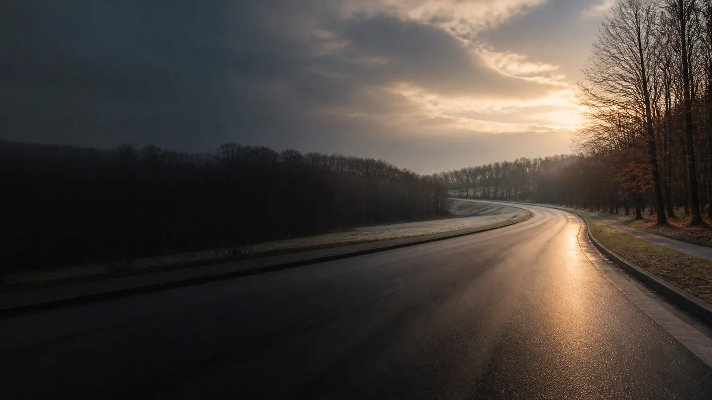 Pusta mokra droga parkowa podczas chłodnego jesiennego poranka - Continental CrossContact RX na cichy codzienny przejazd