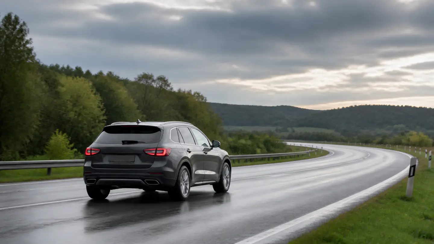 Grafitowy SUV na szerokim mokrym łuku szosy po letnim deszczu - Continental CrossContact UHP na mokrym łuku i szybkiej trasie