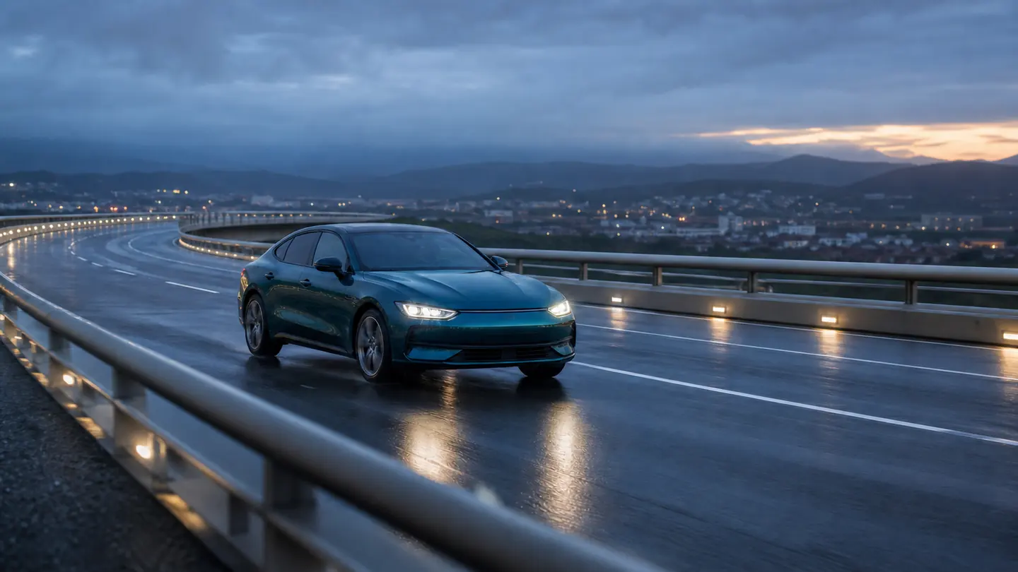 Ciemnoturkusowy fastback na mokrej estakadzie o zmierzchu - Continental PremiumContact 6 na komfortową mokrą i suchą trasę