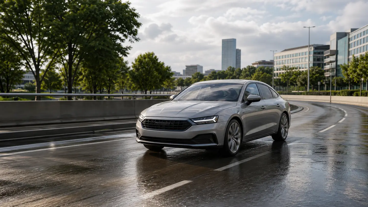Rodzinny liftback na mokrej miejskiej obwodnicy po letnim deszczu - Continental PremiumContact 7 na mokre i suche letnie drogi