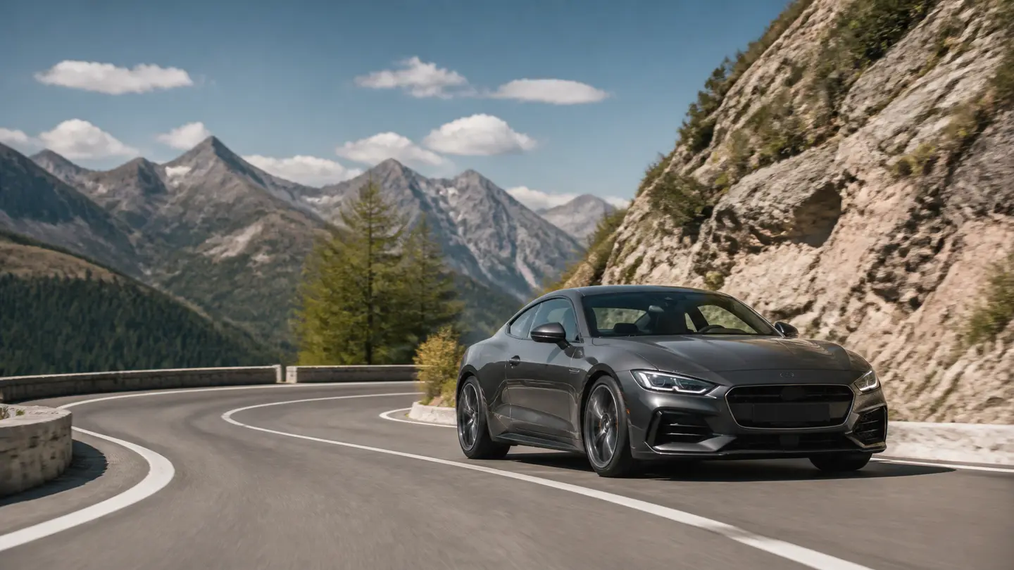 Grafitowe sportowe coupé na suchym alpejskim zakręcie - Continental SportContact 6 na szybkie letnie zakręty