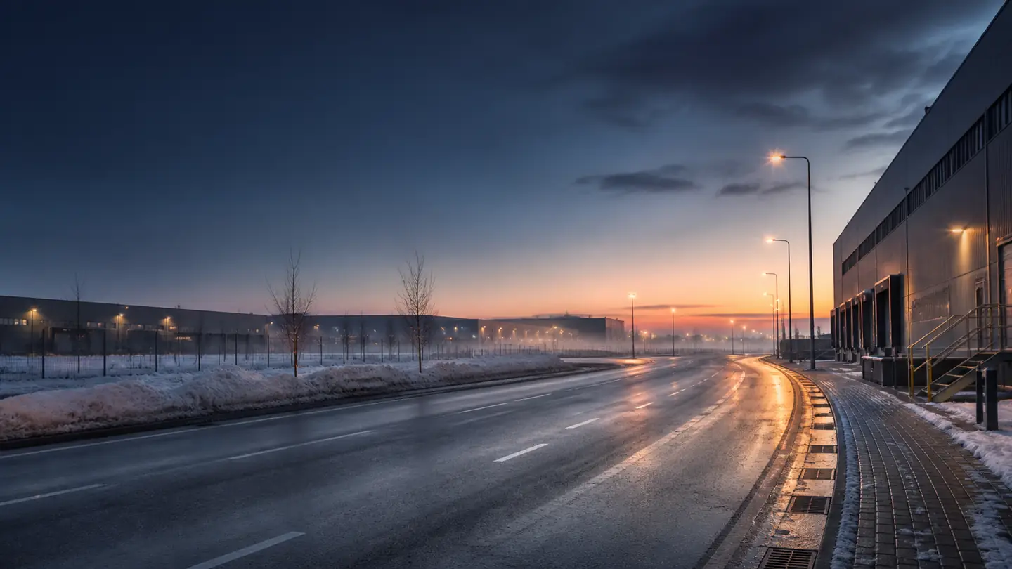 Pusta mokra droga w zimowej dzielnicy logistycznej o świcie - Continental VanContact Winter od śnieżnego postoju po mokrą dostawę