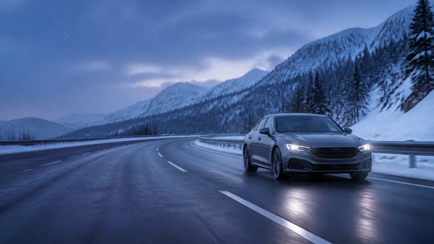 Grafitowy sedan na mokrej odśnieżonej drodze w zimowym górskim zmierzchu - Continental WinterContact TS 860 S na śnieg i suchy chłód