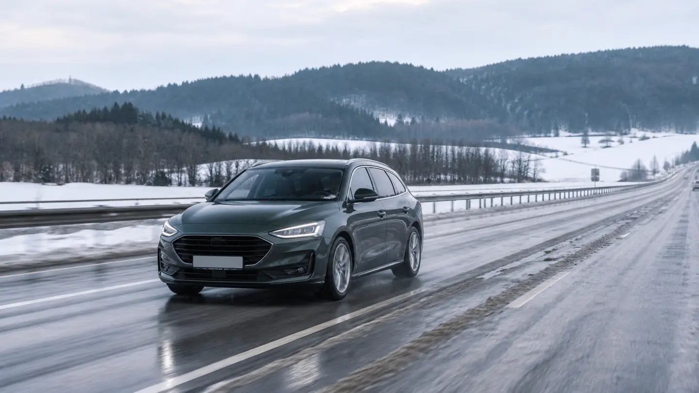 Samochód kombi na mokrej, częściowo zaśnieżonej zimowej trasie - Continental WinterContact TS 870 P w śniegu, deszczu i błocie