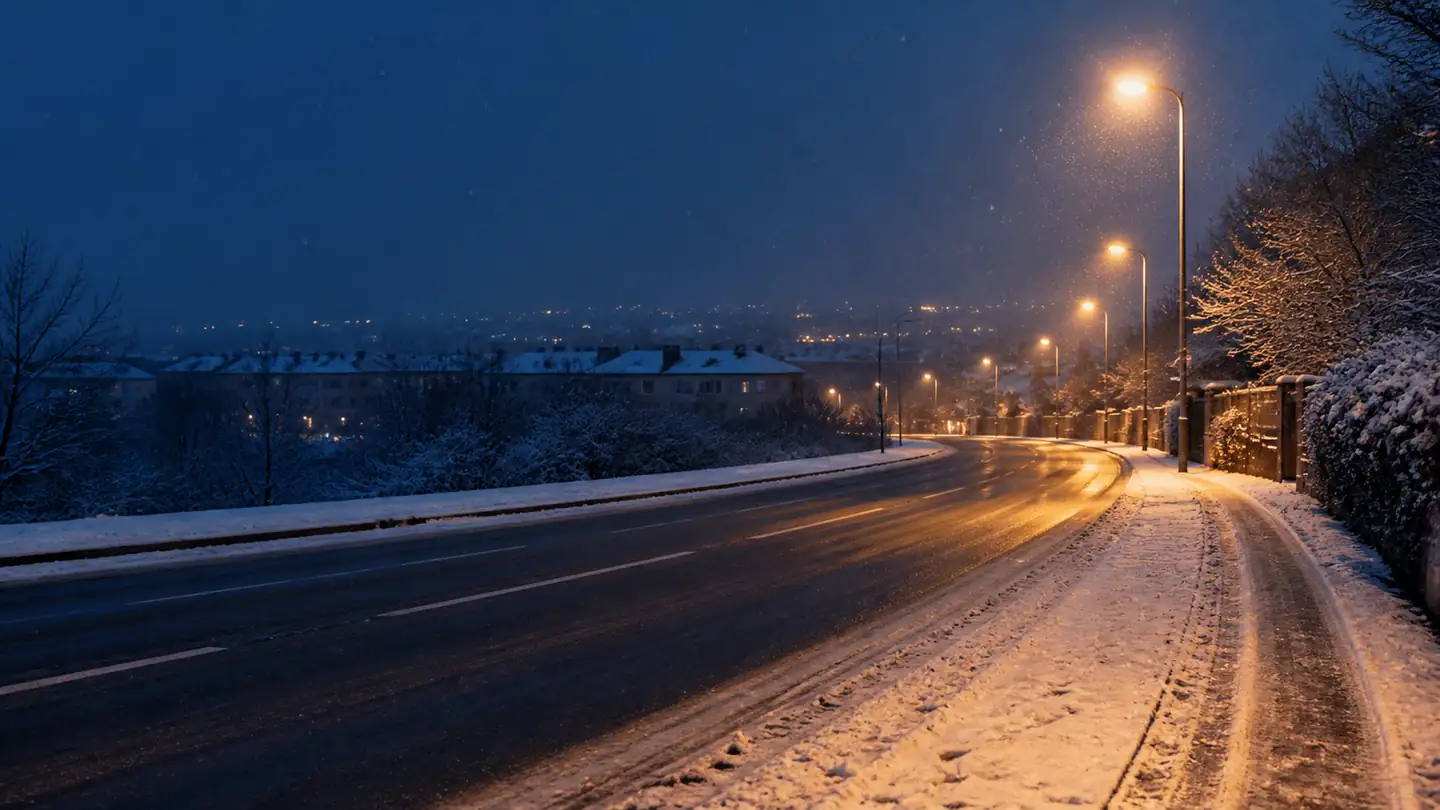 Pusta odśnieżona droga na obrzeżu miasta podczas lekkiego zimowego opadu - Crosswind Grip Peak Winter na śnieg, błoto pośniegowe i mokry asfalt