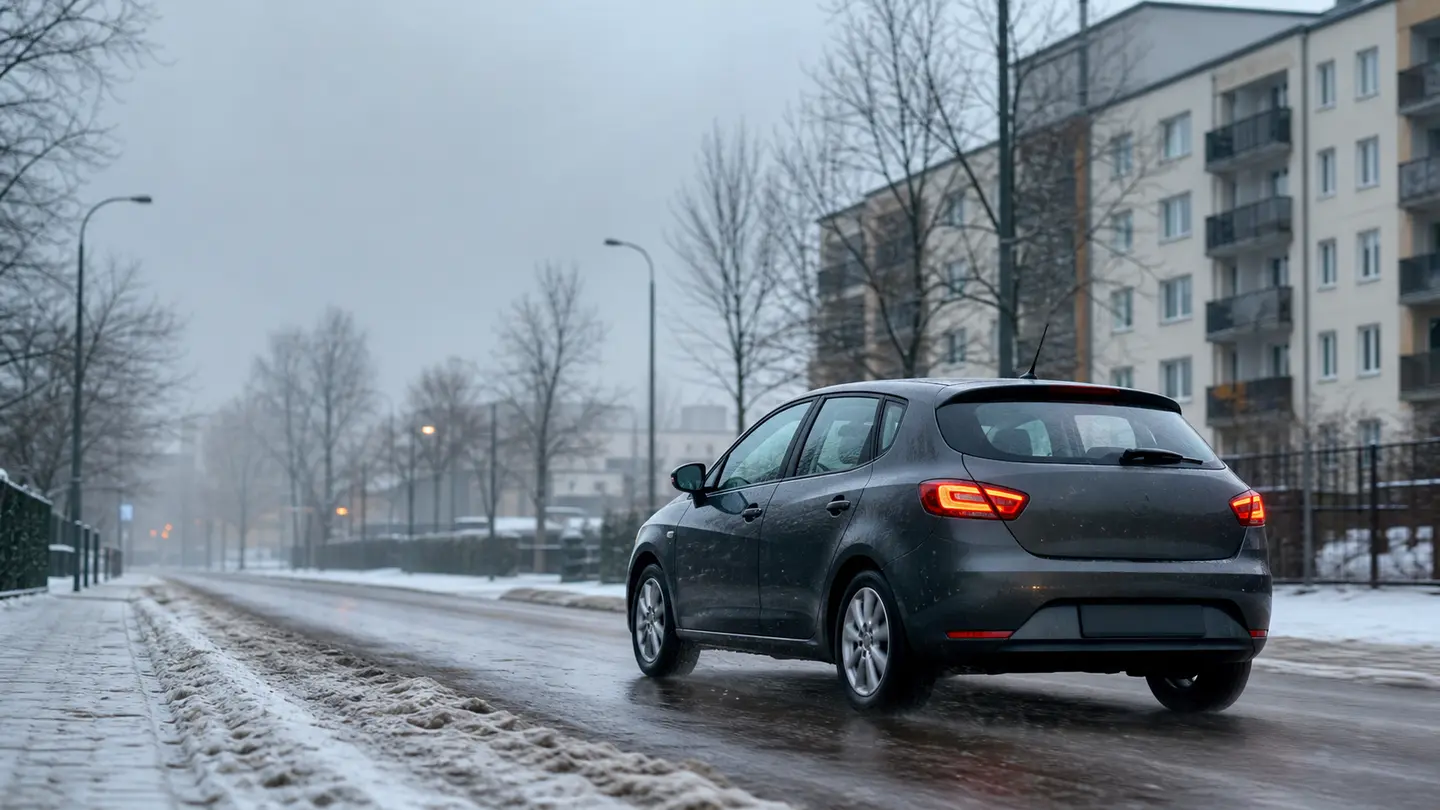 Kompaktowy hatchback na mokrej odśnieżonej ulicy polskiego osiedla zimą - Dębica Frigo 2 na śnieg i błoto pośniegowe