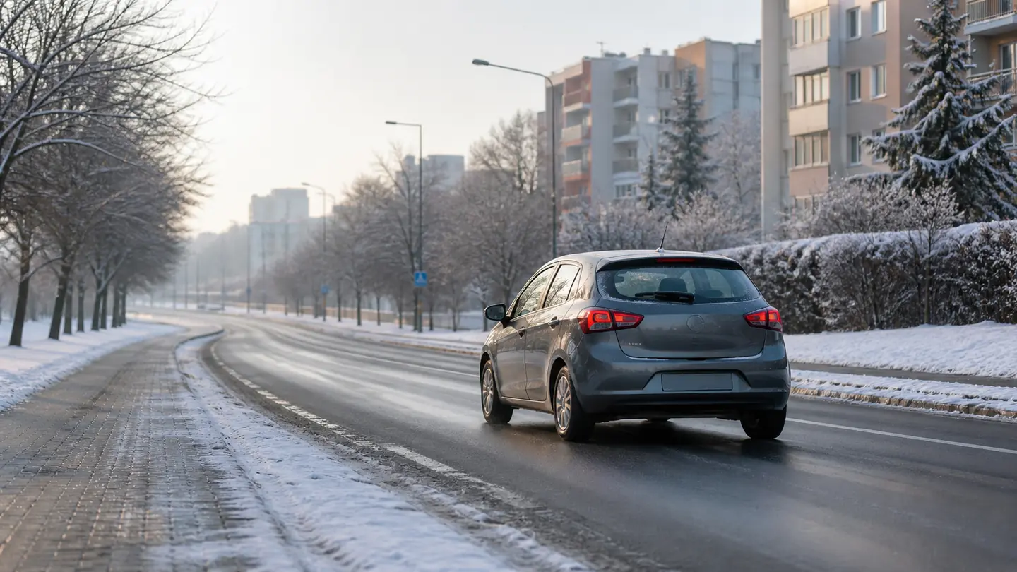 Kompaktowy samochód na odśnieżonej miejskiej drodze zimą - Dębica Frigo 2 na miejską i podmiejską zimę