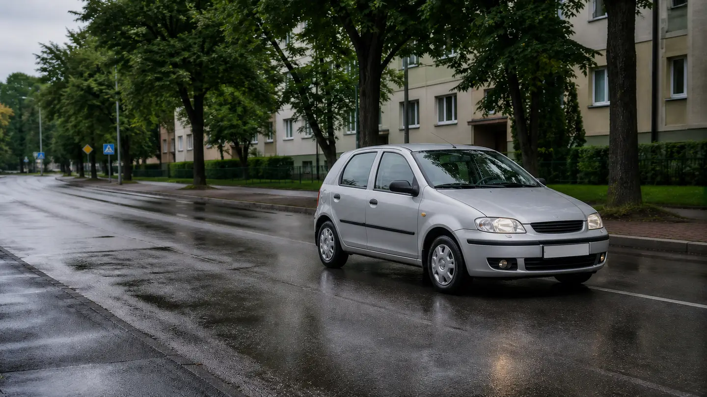 Srebrny mały hatchback na mokrej osiedlowej ulicy po letnim deszczu - Dębica Passio na codzienną drogę małego auta