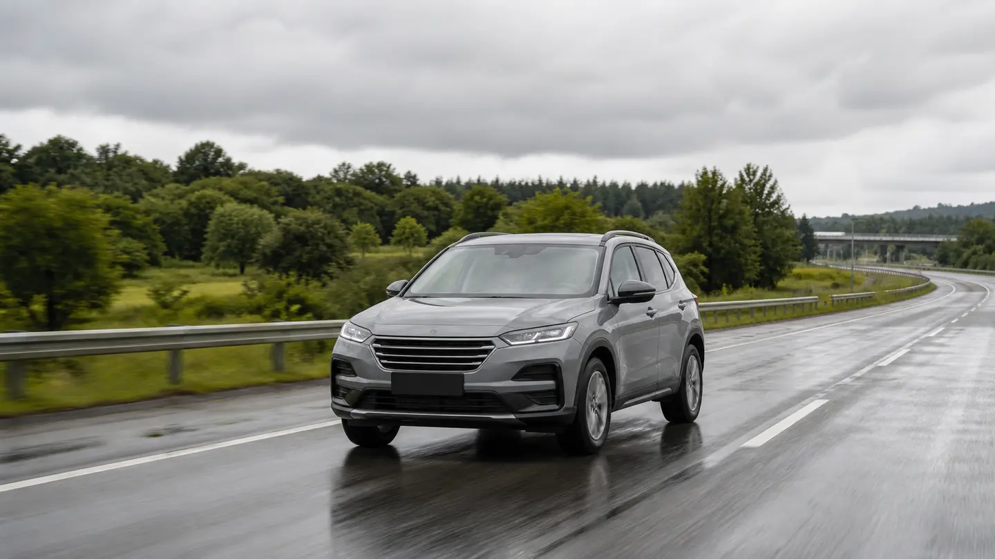 Szary SUV na mokrej letniej obwodnicy po deszczu - Dębica Presto na mokrej trasie i w większym SUV-ie