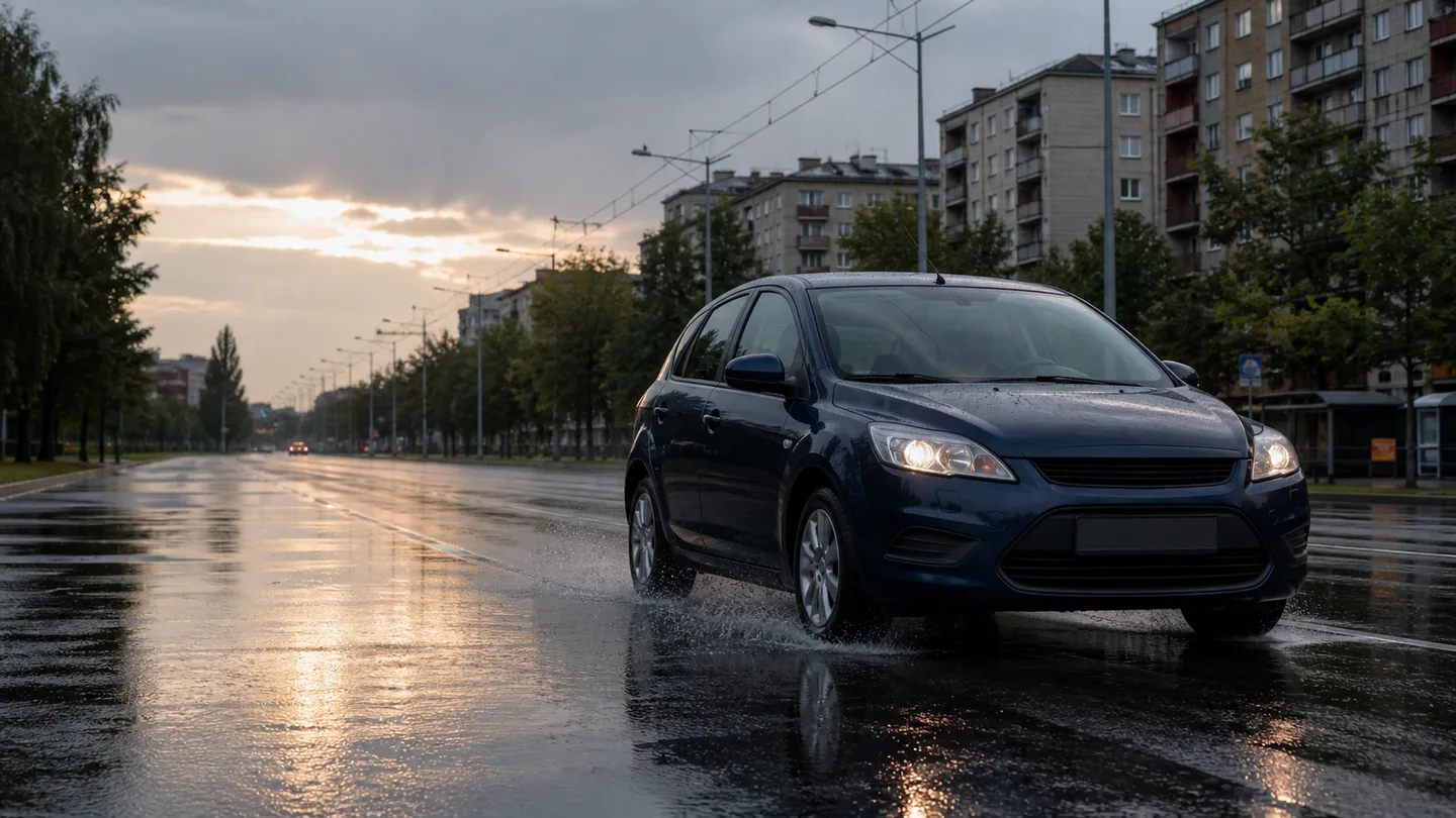 Granatowy kompakt na mokrej miejskiej alei po letnim deszczu - Dębica PRESTO HP na mokry dojazd i suchy powrót