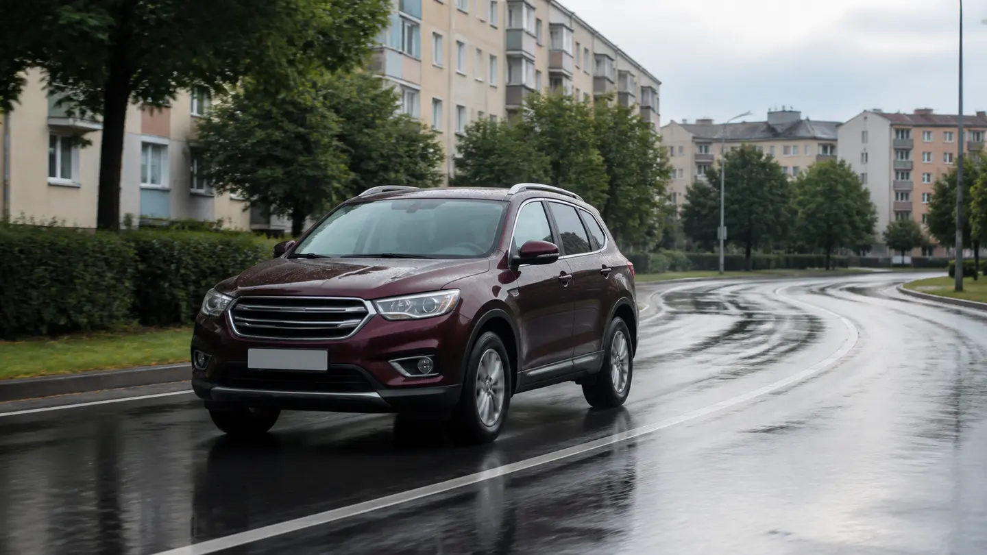 Bordowy rodzinny SUV na mokrej miejskiej alei tuż po letnim deszczu - Dębica Presto SUV po letnim deszczu