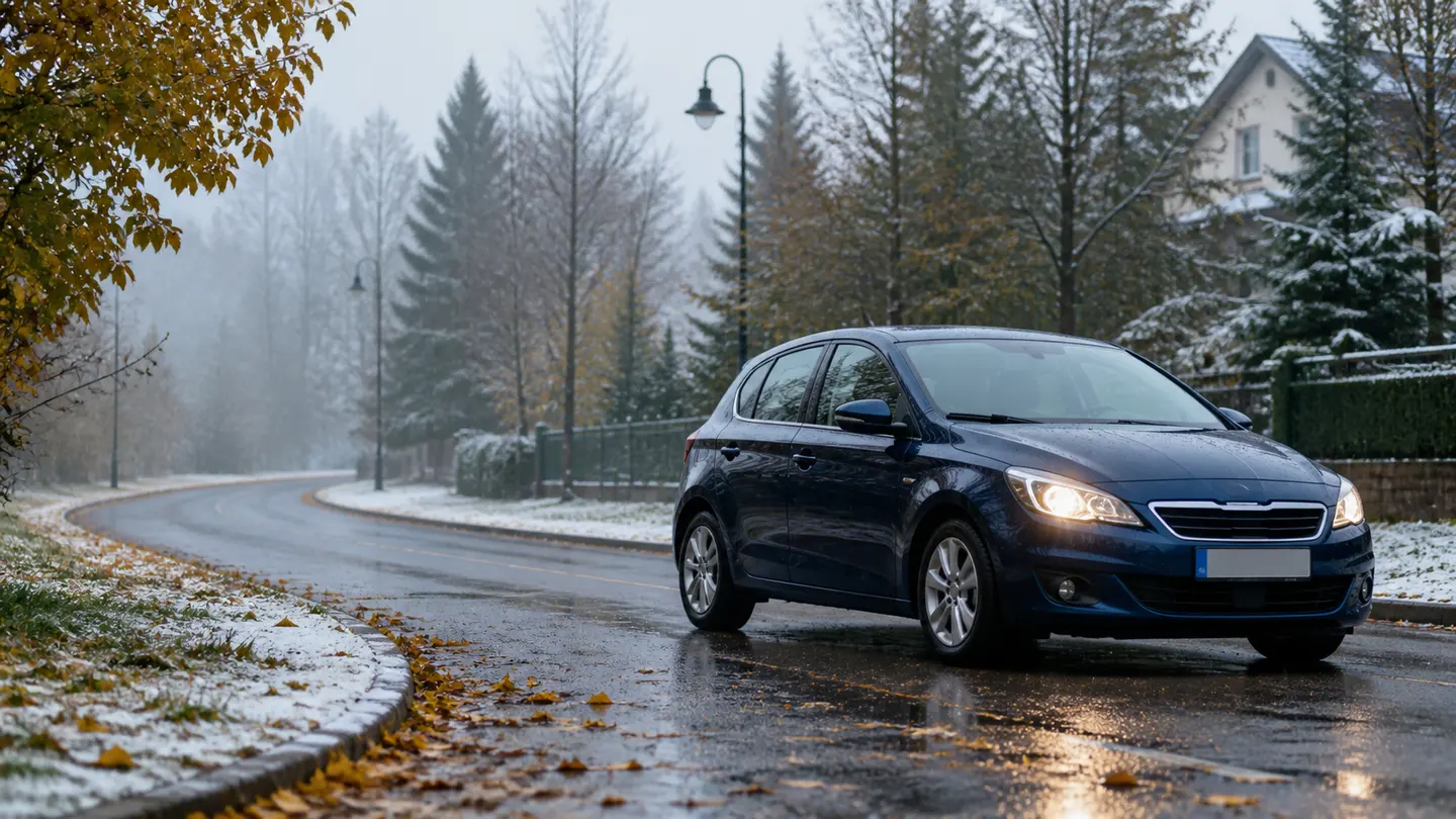 Samochód na mokrej drodze podczas przejścia jesieni w lekką zimę - Dunlop All Season 2 od mokrego asfaltu po śnieg