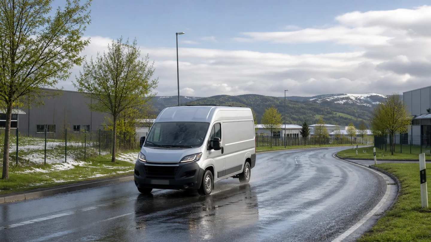 Biały samochód dostawczy na mokrej drodze wiosną, z resztkami śniegu na wzgórzach - Dunlop EconoDrive AS dla floty jeżdżącej bez przerwy na sezon