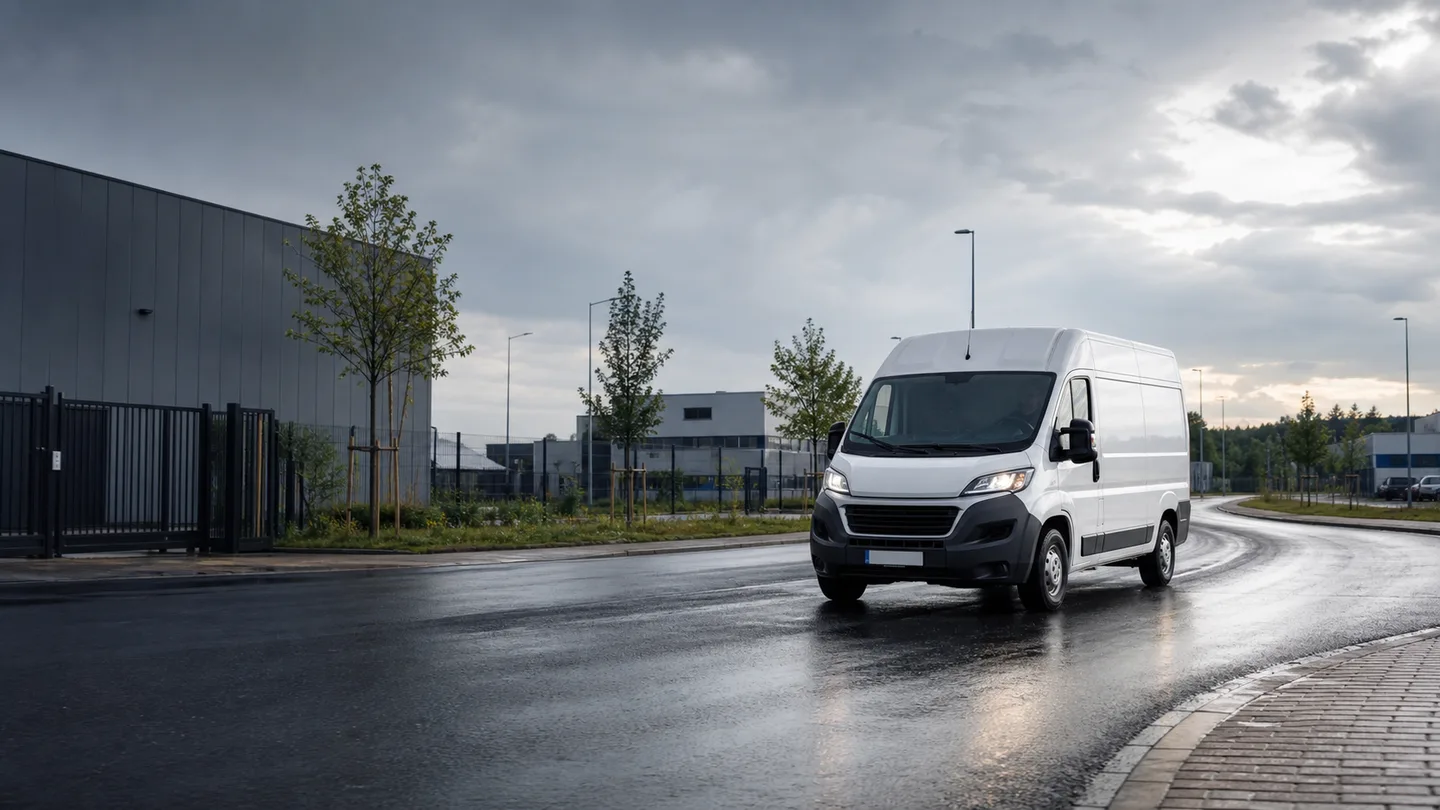 Biały van na mokrej ulicy w dzielnicy przemysłowej po letniej ulewie - Dunlop Econodrive na mokrą trasę dostawczego auta