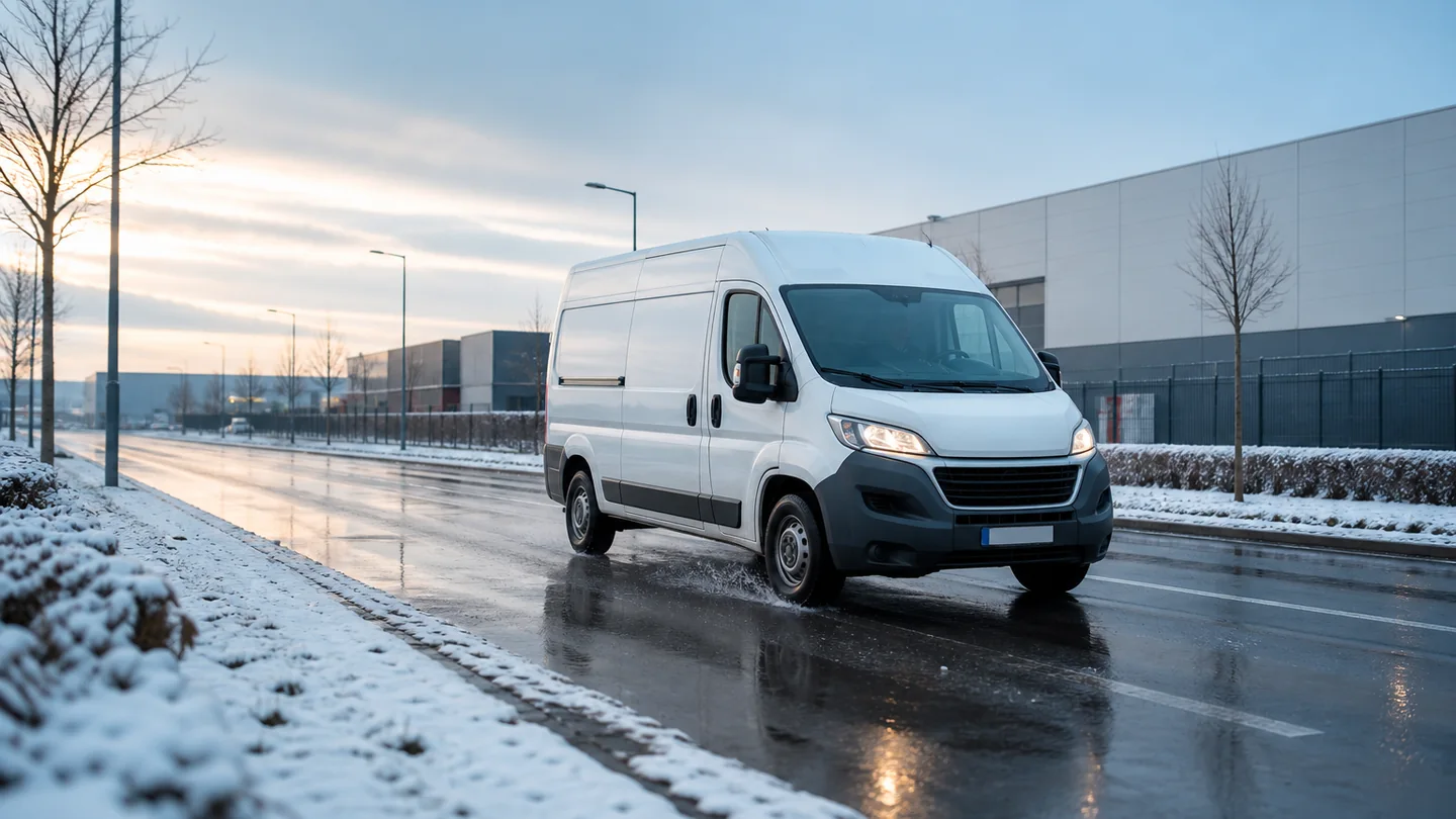 Biały samochód dostawczy na mokrej zimowej drodze w dzielnicy magazynowej - Dunlop EconoDrive Winter na codzienną pracę auta dostawczego