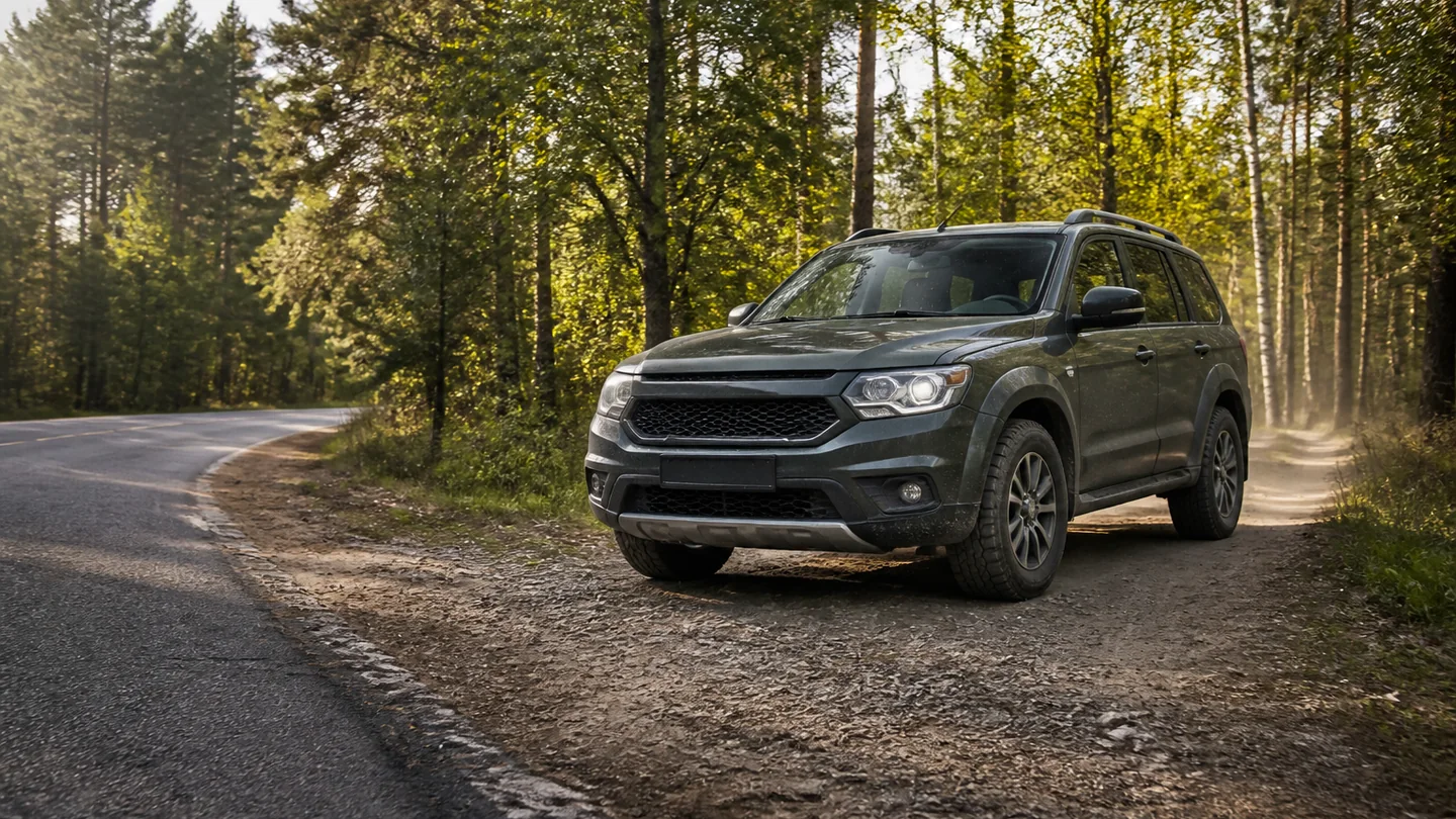 Ciemny SUV na szutrowym zjeździe obok asfaltowej drogi w lesie - Dunlop Grandtrek AT5 na drogę i lekki teren