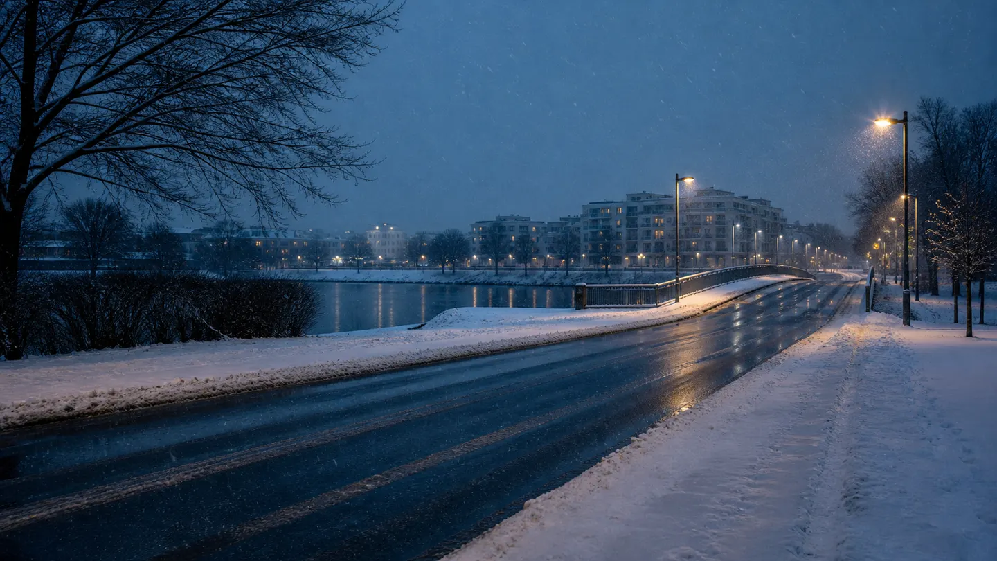 Pusta mokra droga nad rzeką podczas zimowego miejskiego zmierzchu - Dunlop Winter na zimowy dojazd od śniegu po mokrą jezdnię