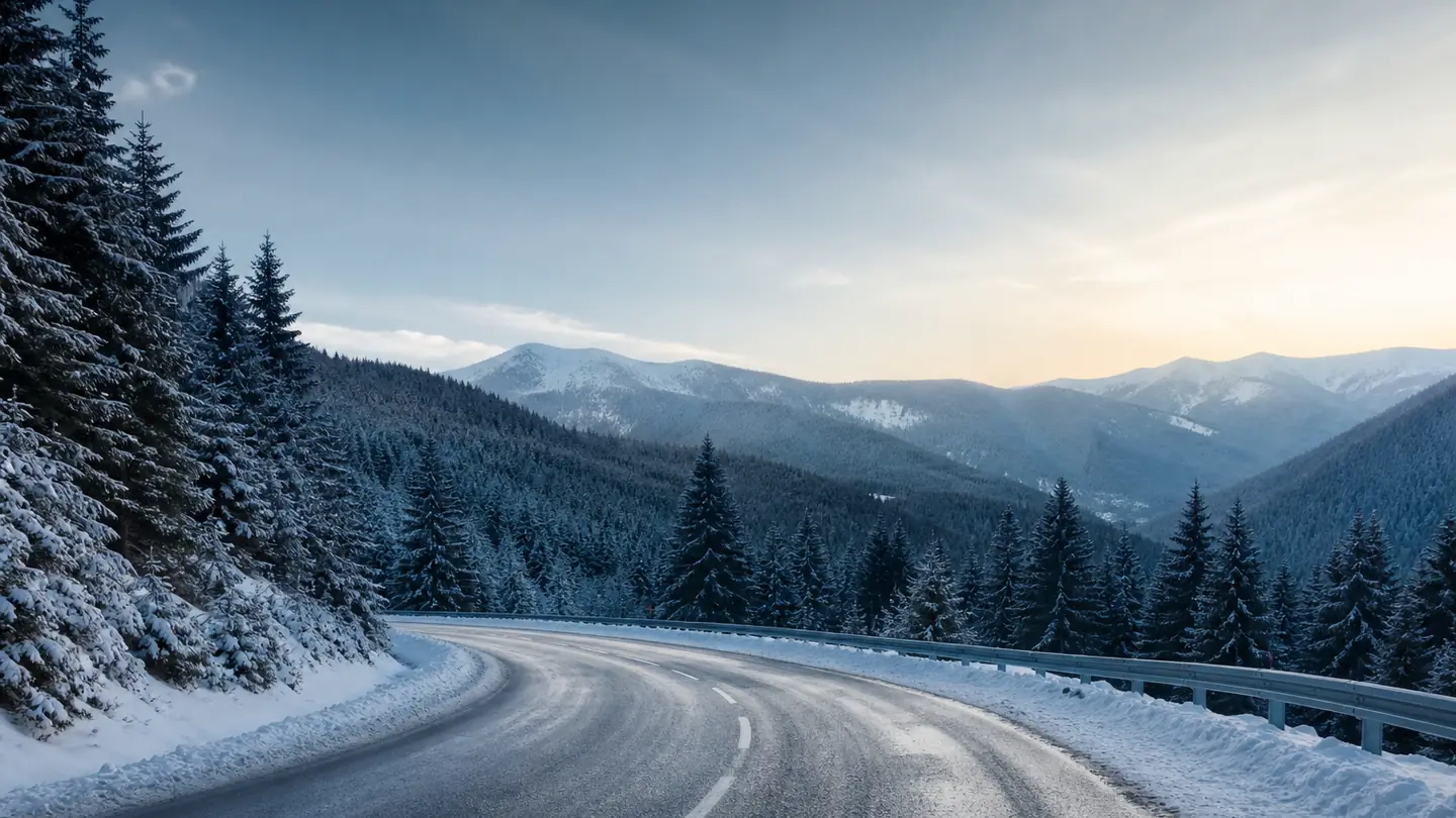 Pusta odśnieżona droga przez górski las o zimowym poranku - Dunlop Winter Sport 5 SUV na śnieg i zimową wodę