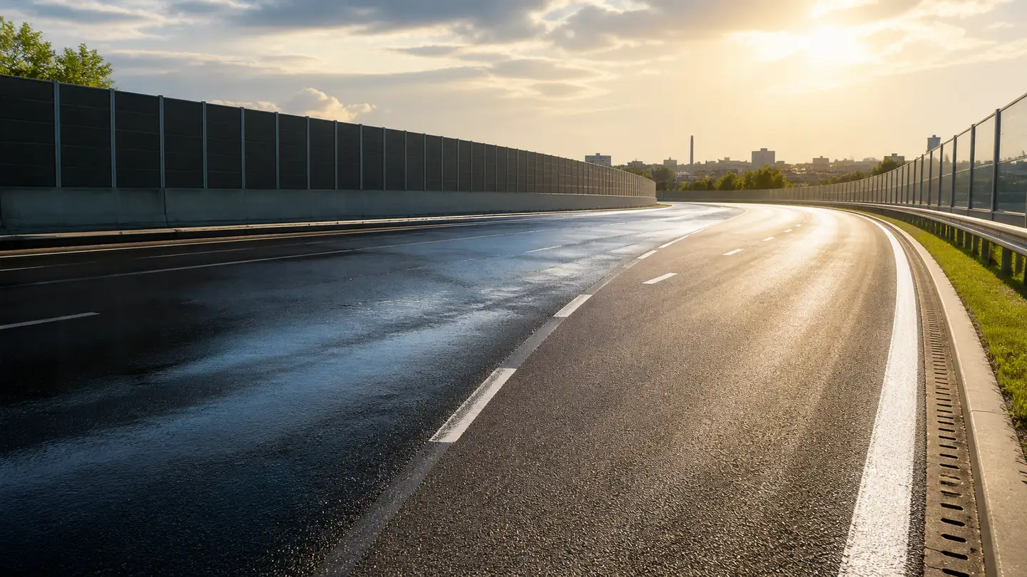 Pusta letnia obwodnica na szerokim łuku przechodząca z mokrego asfaltu w słońce - Dynamo STREET-H MU71 na letni łuk i drogę po deszczu