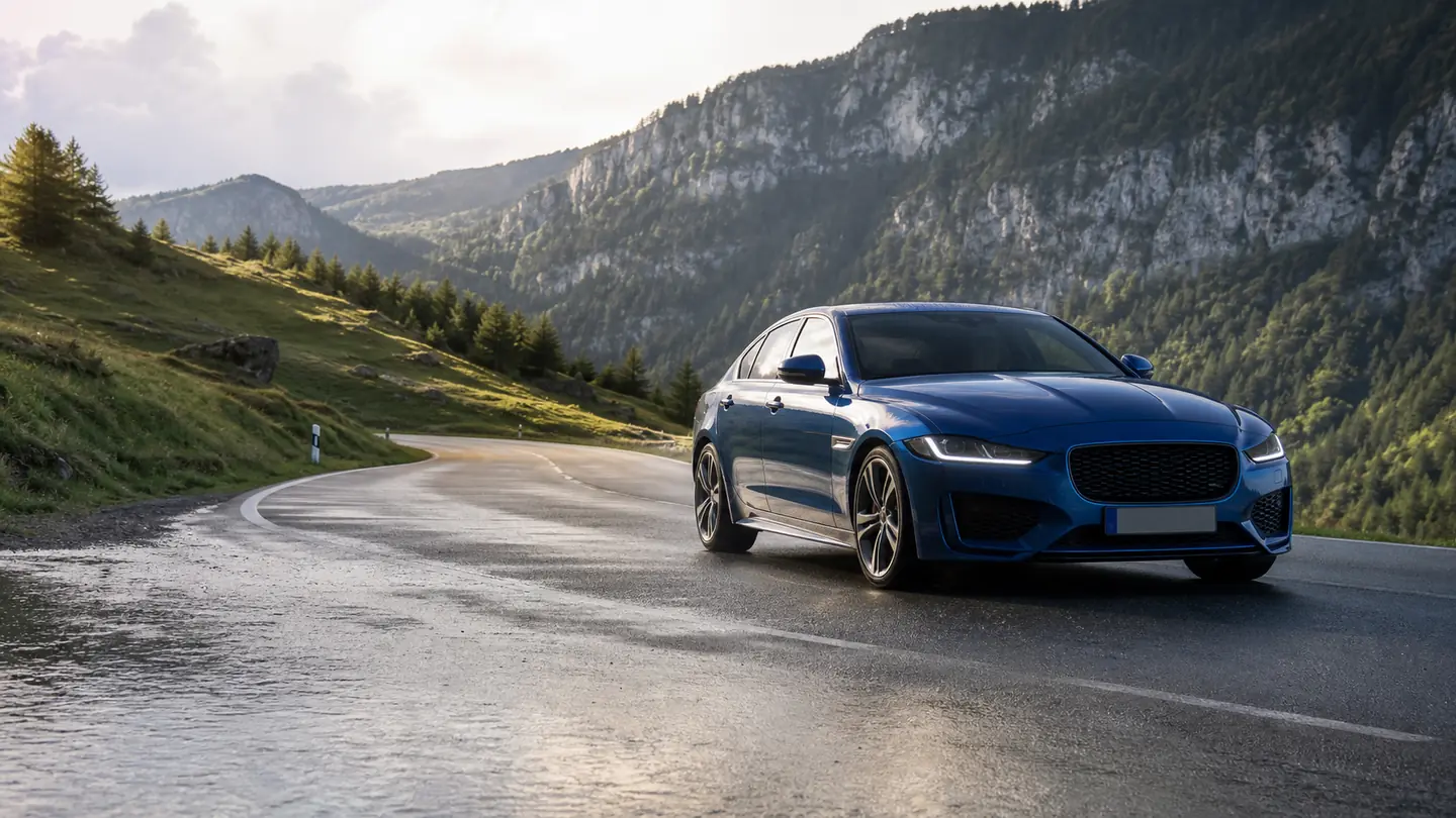 Niebieski sportowy sedan na krętej górskiej drodze po letnim deszczu - Falken Azenis FK520 na szybką letnią trasę