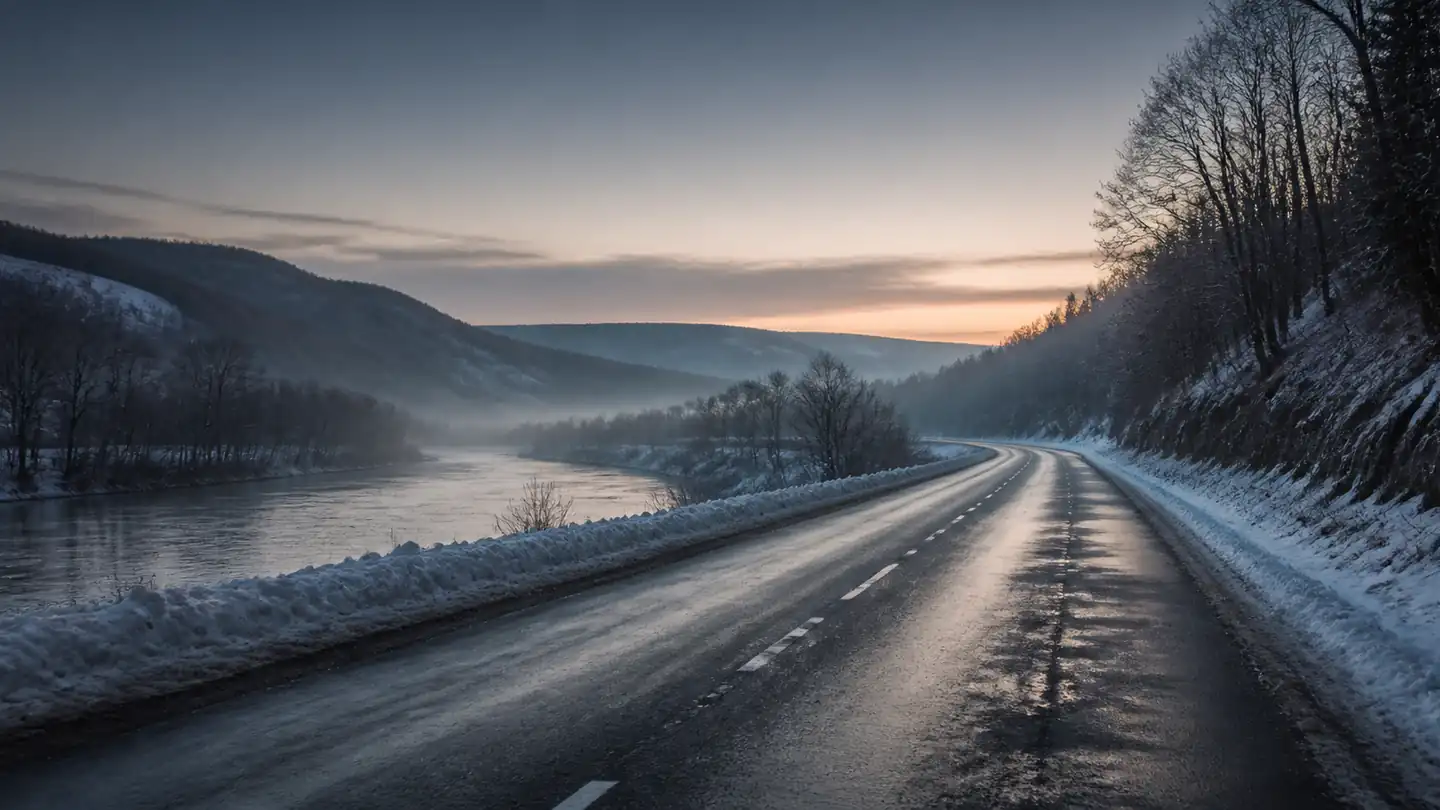 Pusta mokra zimowa droga biegnąca wzdłuż zamglonej rzeki o świcie - Falken Eurowinter HS02 na mokrą i śnieżną zimę